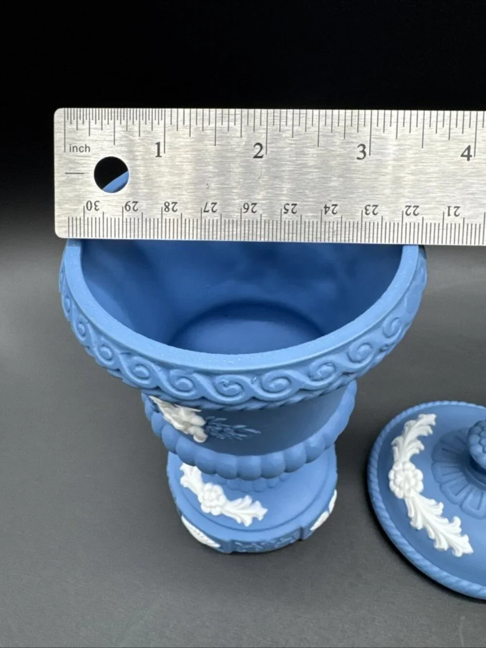 Vintage Blue Jasperware Style Ornate Cherub Floral Urn Apothecary 8”
